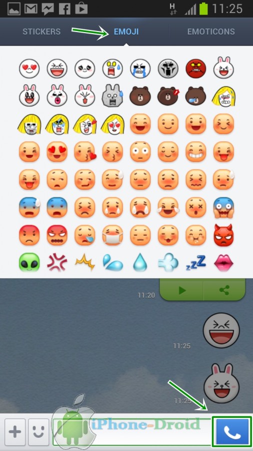 เพิ่ม LINE Character อีโมจิ (EMOJI) มาให้ใช้งานอีก 20 ตัว มาจากตัวสติ๊กเกอร์ LINE สุดฮิตอย่าง Moon, Brown, Cony และ James นั่นเอง และปุ่มส่งข้อความเปลี่ยนเป็นปุ่มโทร