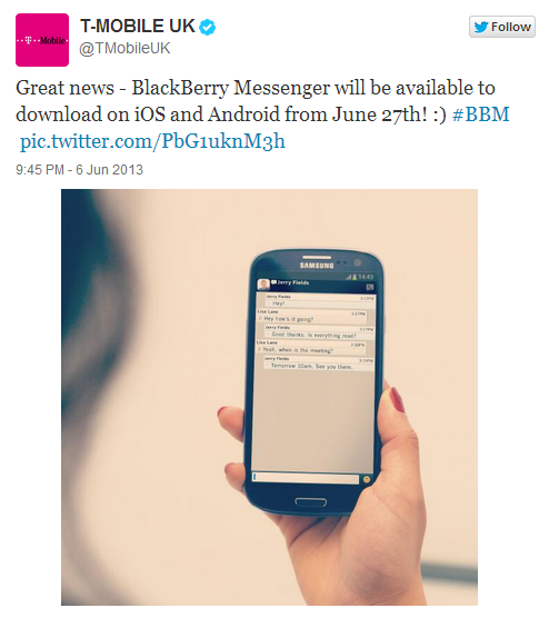 BBM comfirmed to iOS and Android
