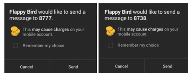 Figure 2 - Sample premium-rate text messages sent by trojanized Flappy Bird