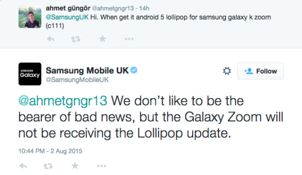 No Lollipop for Samsung Galaxy K zoom