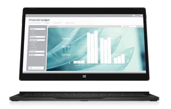 Dell Latitude 12 7000 Series (Model 7275) 2-in-1 notebook computer, shown with tablet screen hovering above Mobility Dock keyboard attachment. Screenfill: 'screenfills_usage_productivity_financialbudget_bar_graph' set as default.