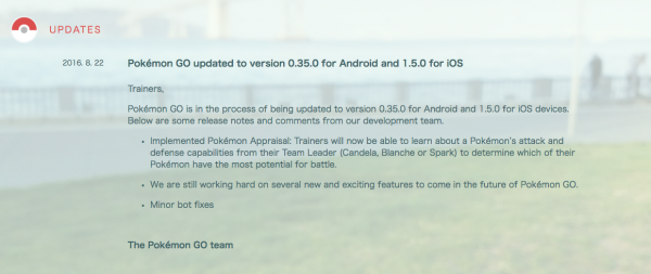 Pokémon GO updated to version 0.35.0 for Android and 1.5.0 for iOS