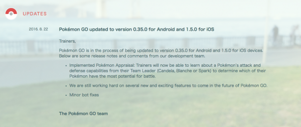 Pokémon GO updated to version 0.35.0 for Android and 1.5.0 for iOS