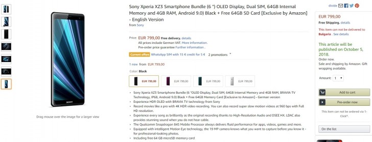 Sony Xperia XZ3 pre-order