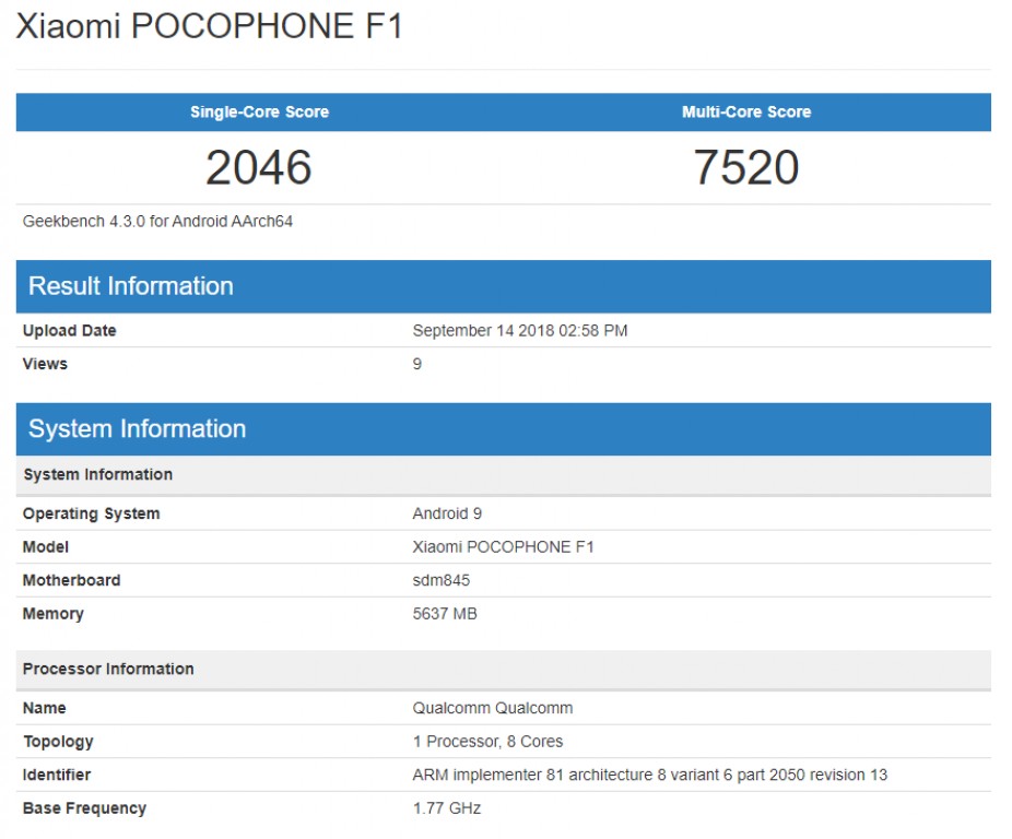 Pocophone F1 spotted on GeekBench running Android 9 Pie