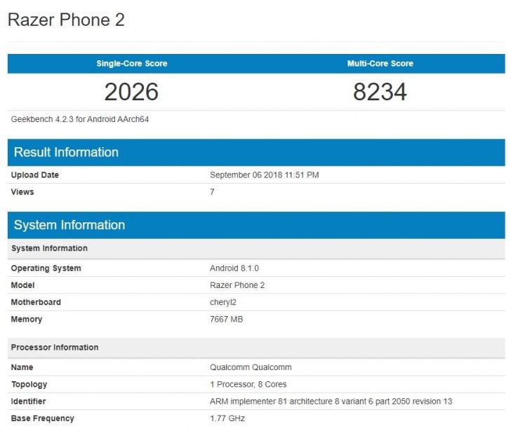 Razer Phone 2 geekbench snapdragon 845
