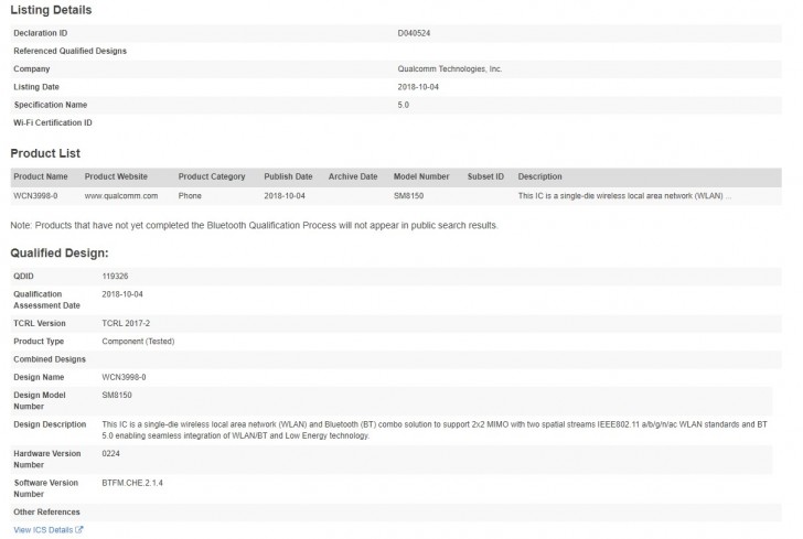 Qualcomm Snapdragon 8150 Gets Certified by Bluetooth SIG