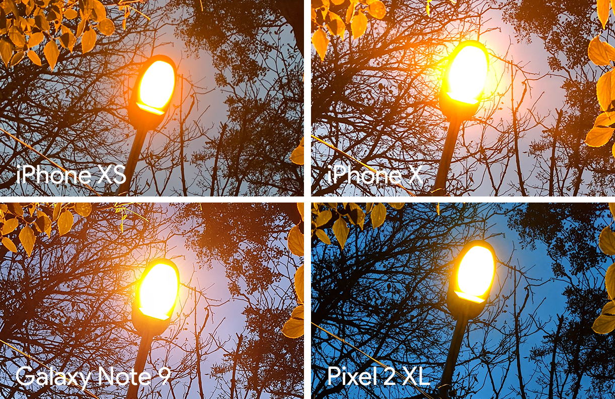 Low light iPhone XS, Pixel 2 XL, Galaxy Note9 and iPhone X
