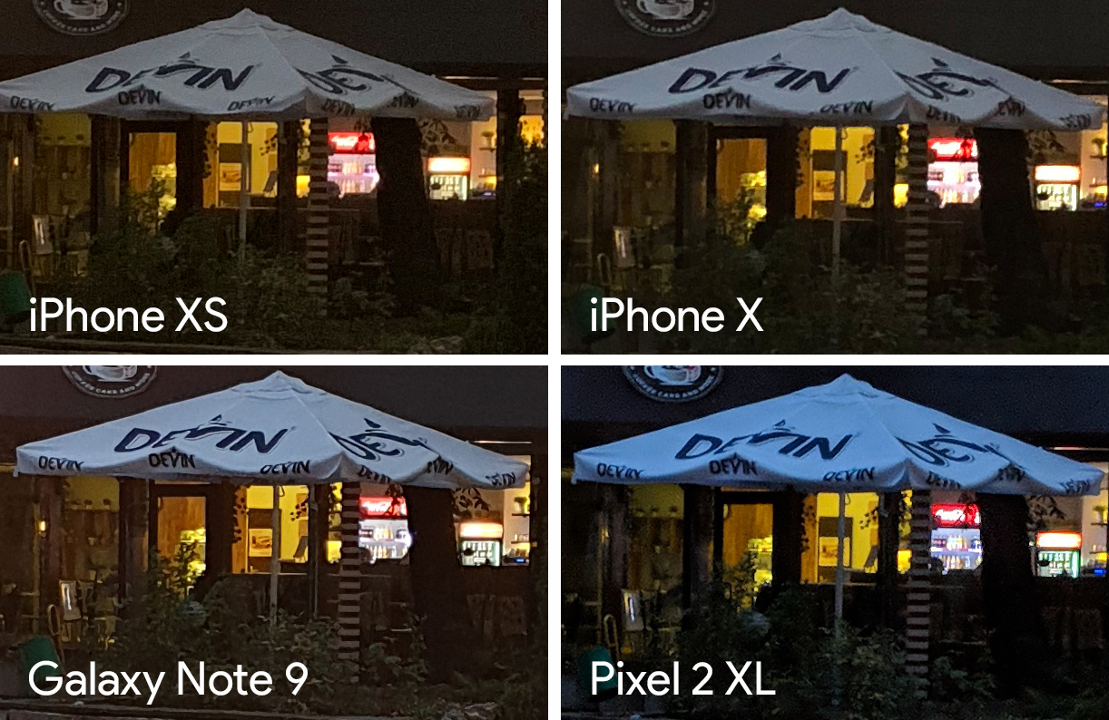 Low light iPhone XS, Pixel 2 XL, Galaxy Note9 and iPhone X