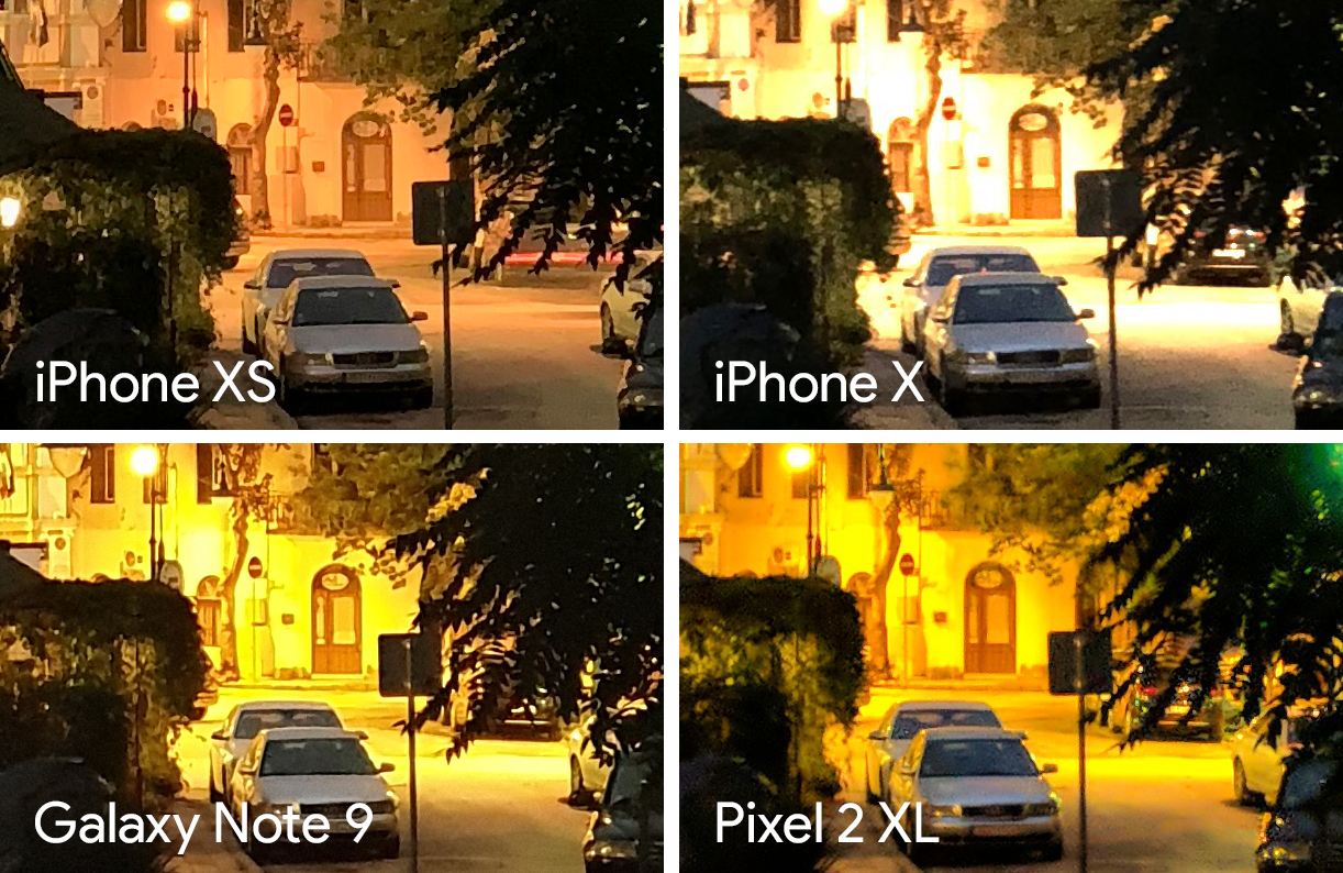 Low light iPhone XS, Pixel 2 XL, Galaxy Note9 and iPhone X