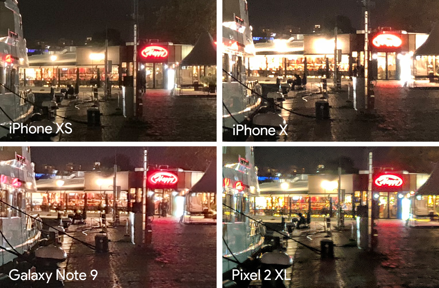 Low light iPhone XS, Pixel 2 XL, Galaxy Note9 and iPhone X