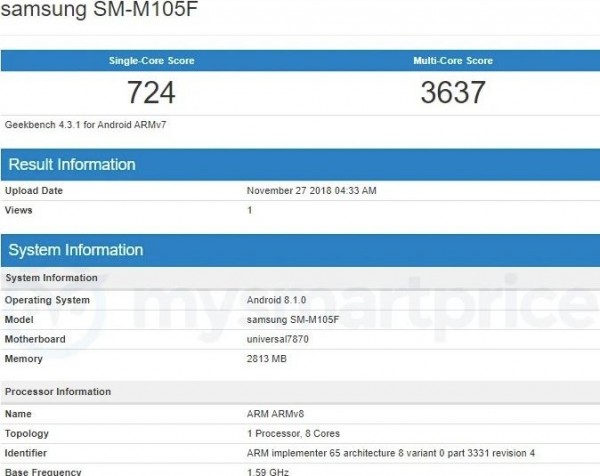 Samsung Galaxy M10 shows Exynos 7870 and 3GB of RAM on Geekbench