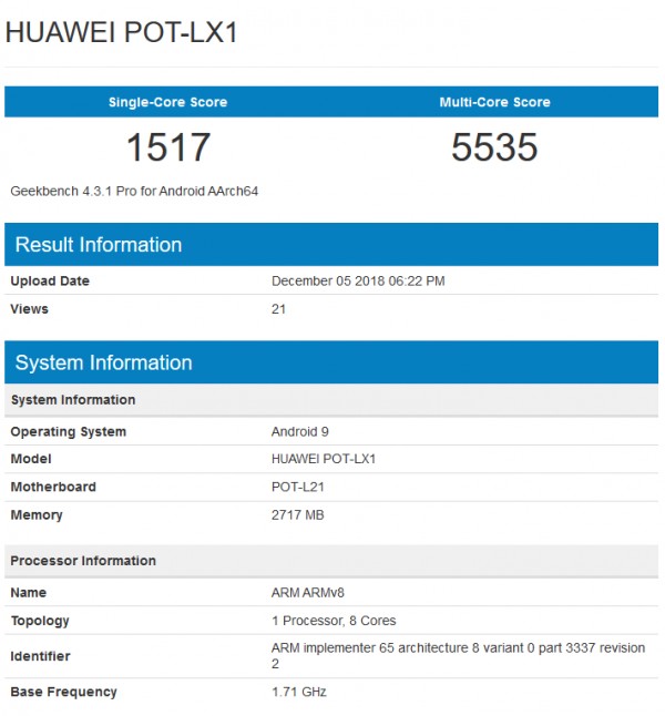 Huawei P Smart spotted on GeekBench running Android Pie with 3GB of RAM
