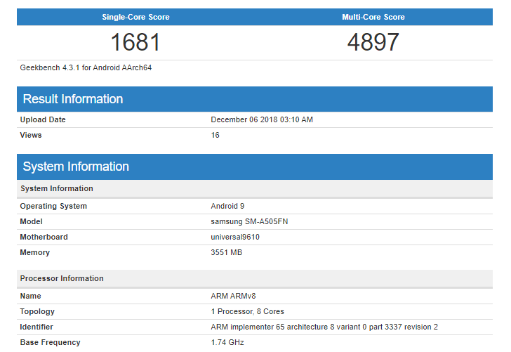 Samsung Galaxy A50 benchmarked with Exynos 7610, Android 9 Pie