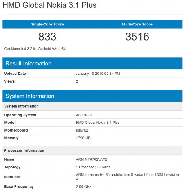 Nokia 3.1 Plus running Android Pie spotted on GeekBench