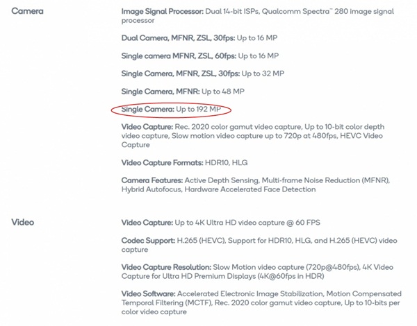 Some Qualcomm chipsets support up to 192MP cameras