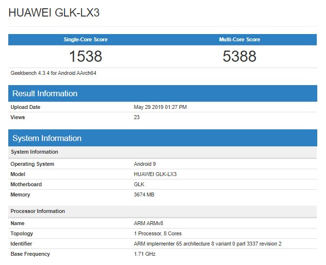 Huawei nova 5i benchmarked with Kirin 710, docs show 4/128GB memory