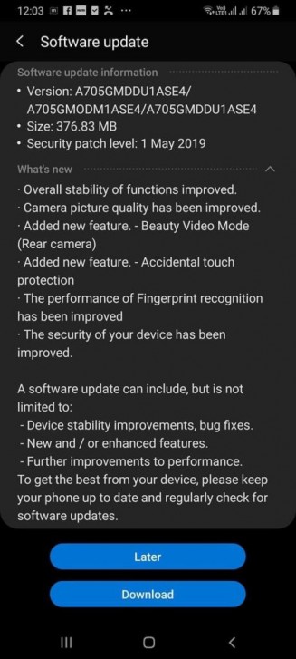 Samsung pushes first software update for the Galaxy A70