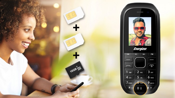 Energizer E12 dual-SIM phone with a microSD slot and media buttons