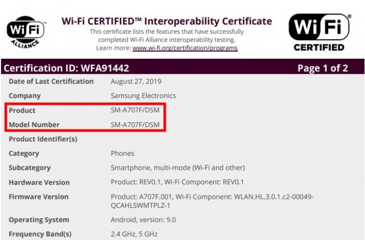 Samsung Galaxy A70s gets certified by Wi-Fi Alliance