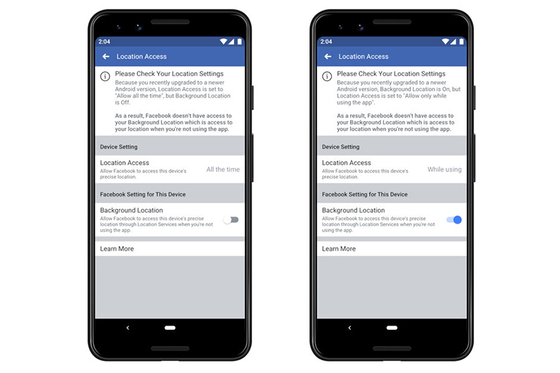 Facebook Location Settings in Android 10 and iOS 13