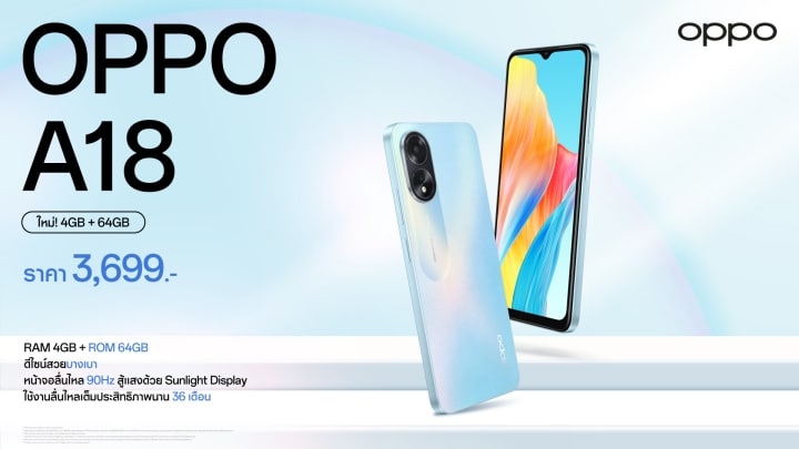 OPPO A18 4GB 64GB model is now available for 3699 baht